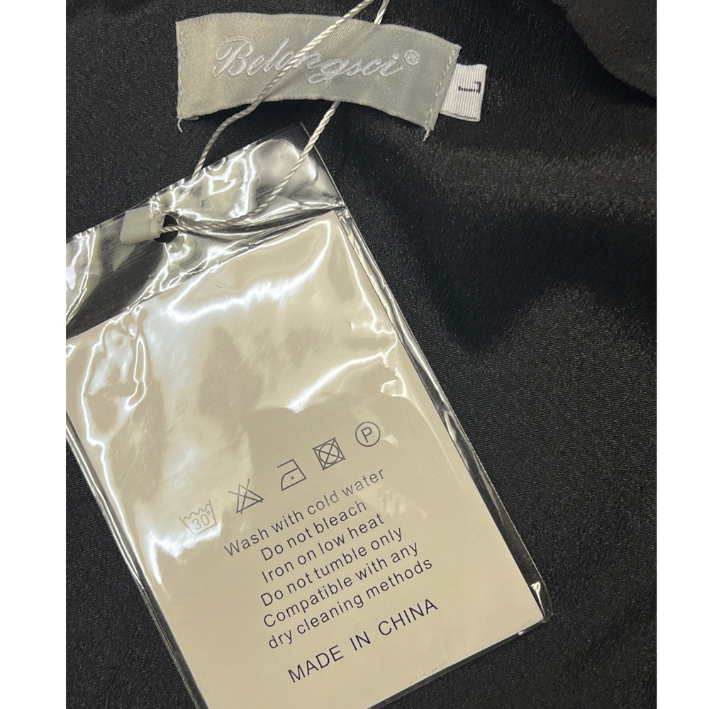 Belongsci Shift Dress Womens LG Black Crepe V-Neck Ruffle Bell Sleeve Solid New - Picture 7 of 10